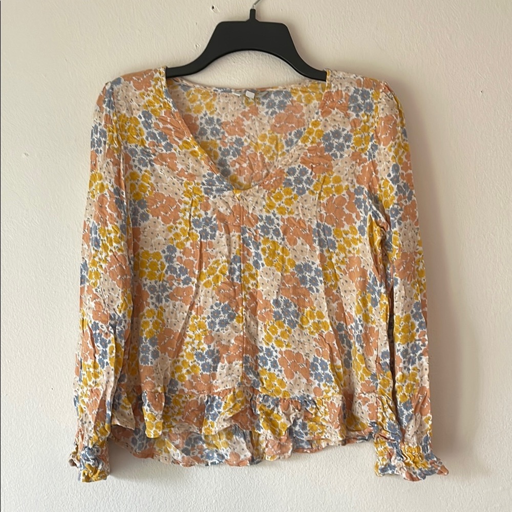 Lucky Brand Yellow and Orange Ruffled Long Sleeve Blouse